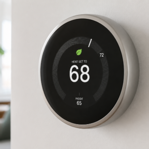 Smart thermostat mounted on a wall.