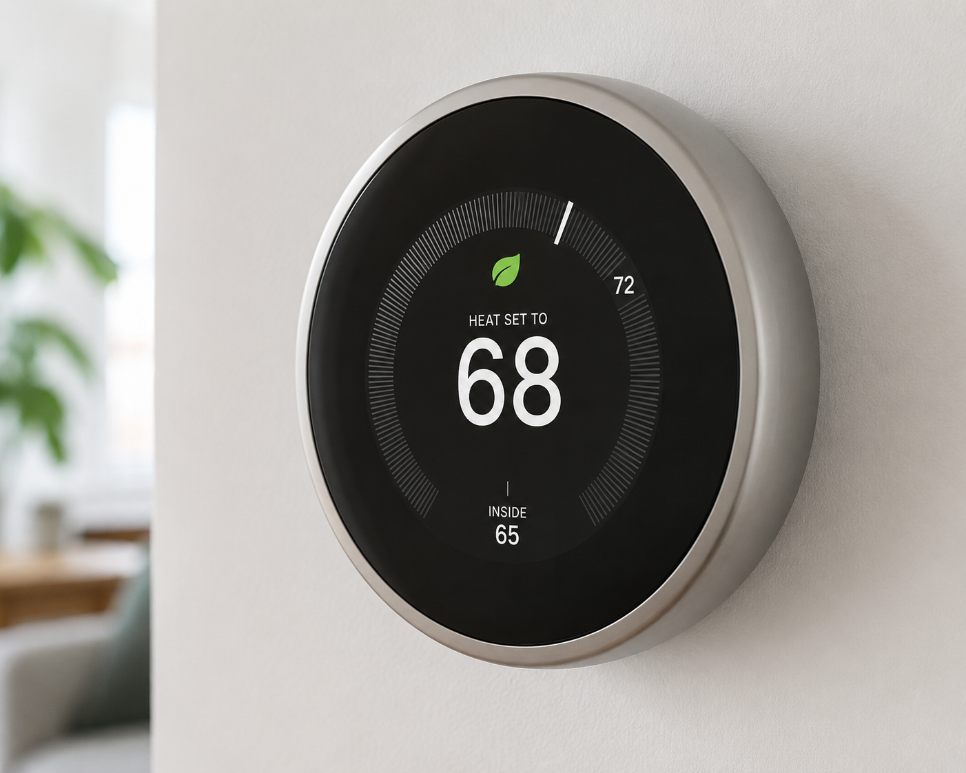 Smart thermostat mounted on a wall.